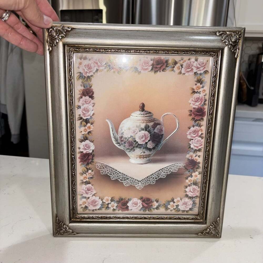 T.C. Chiu Floral Teapot Print Ornate Silver Frame Wall Art 8x10